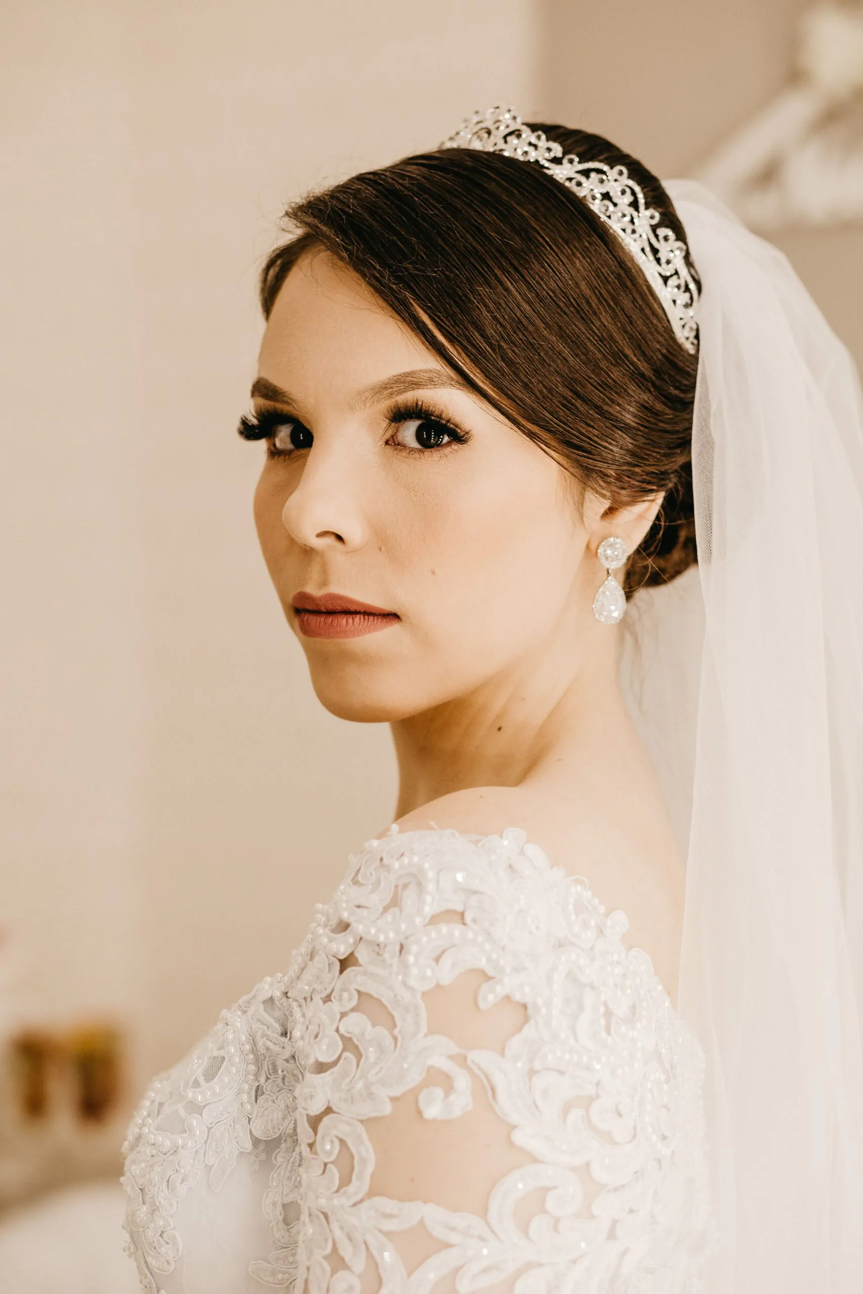 Elegant bridal makeup with a soft contour and satin finish